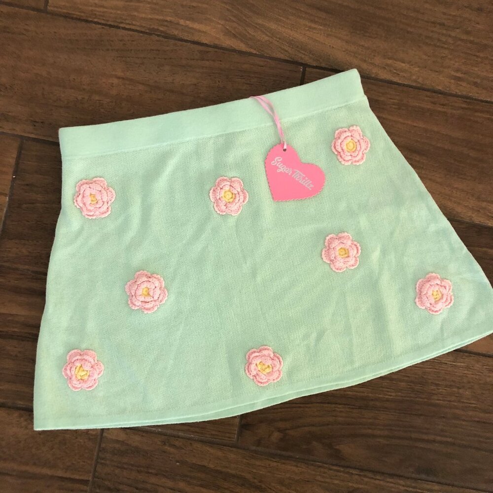 Sugar Thrillz Mini Skirt-DollsKill-Mint Green with Embroidered flowers-size S